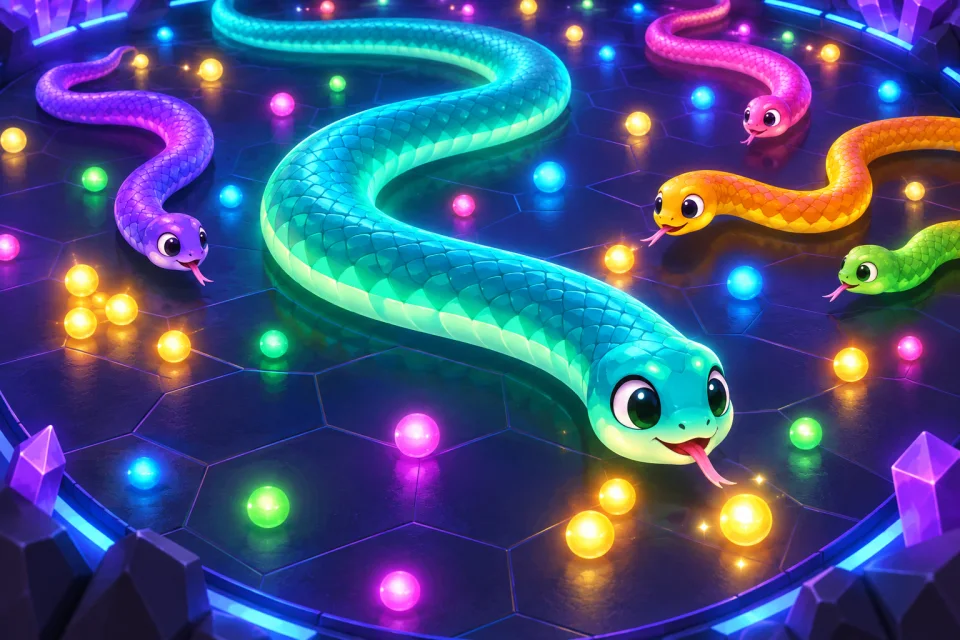Catalog cover illustration of colourful snakes in an arena. This is not a gameplay capture.