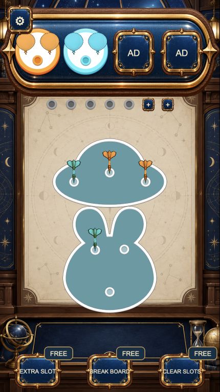 Actual opening tutorial after one orange and one blue dart: balloon targets at the top, five empty waiting slots, and two boards still supported by darts.
