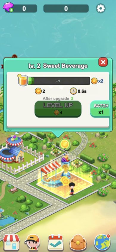 Actual level-two Sweet Beverage panel after spending four coins: balance zero, output two, a 0.6-second cycle and BATCH x1.