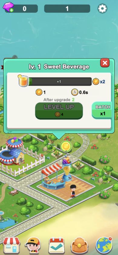 Actual level-one Sweet Beverage panel: balance one coin, current output one, a 0.6-second cycle, and a four-coin upgrade showing output two after upgrade.