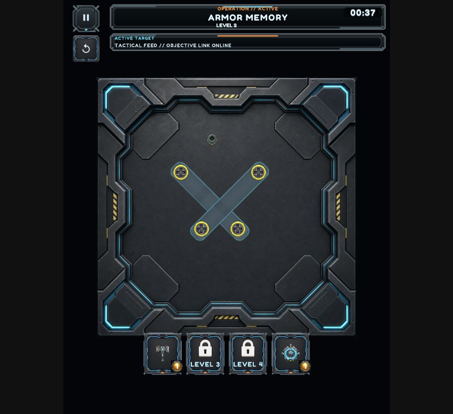 Actual level 2: four screws secure two crossed plates, with an empty hole above them and ARMOR MEMORY in the operation header.