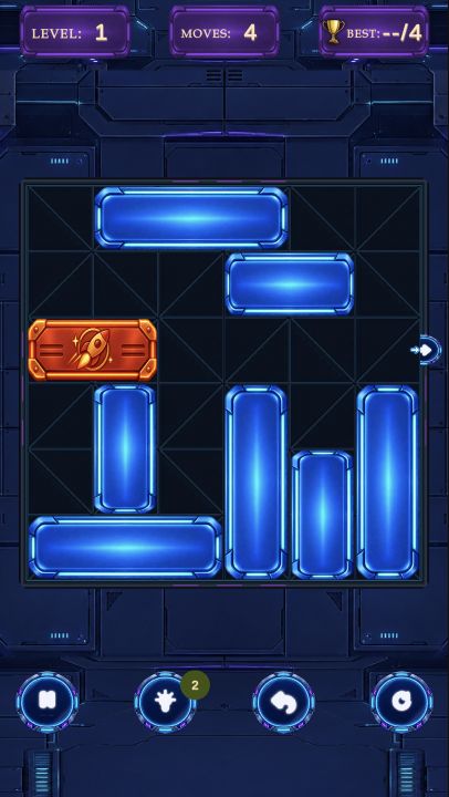After four rearrangements, the orange target's third row is clear all the way to the right-side exit; the counter shows four moves.