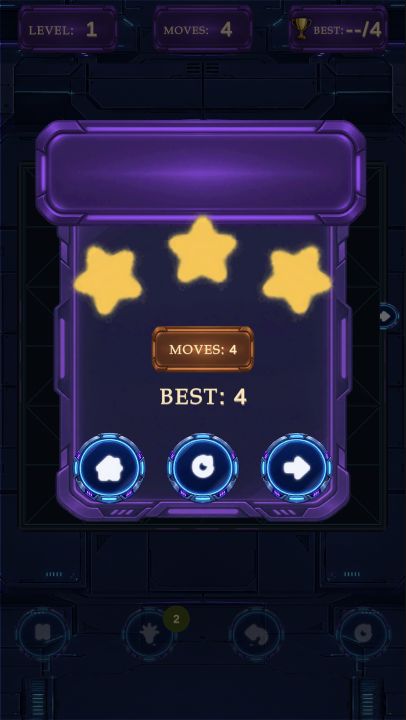 The observed completion panel shows three stars, MOVES: 4 and BEST: 4.